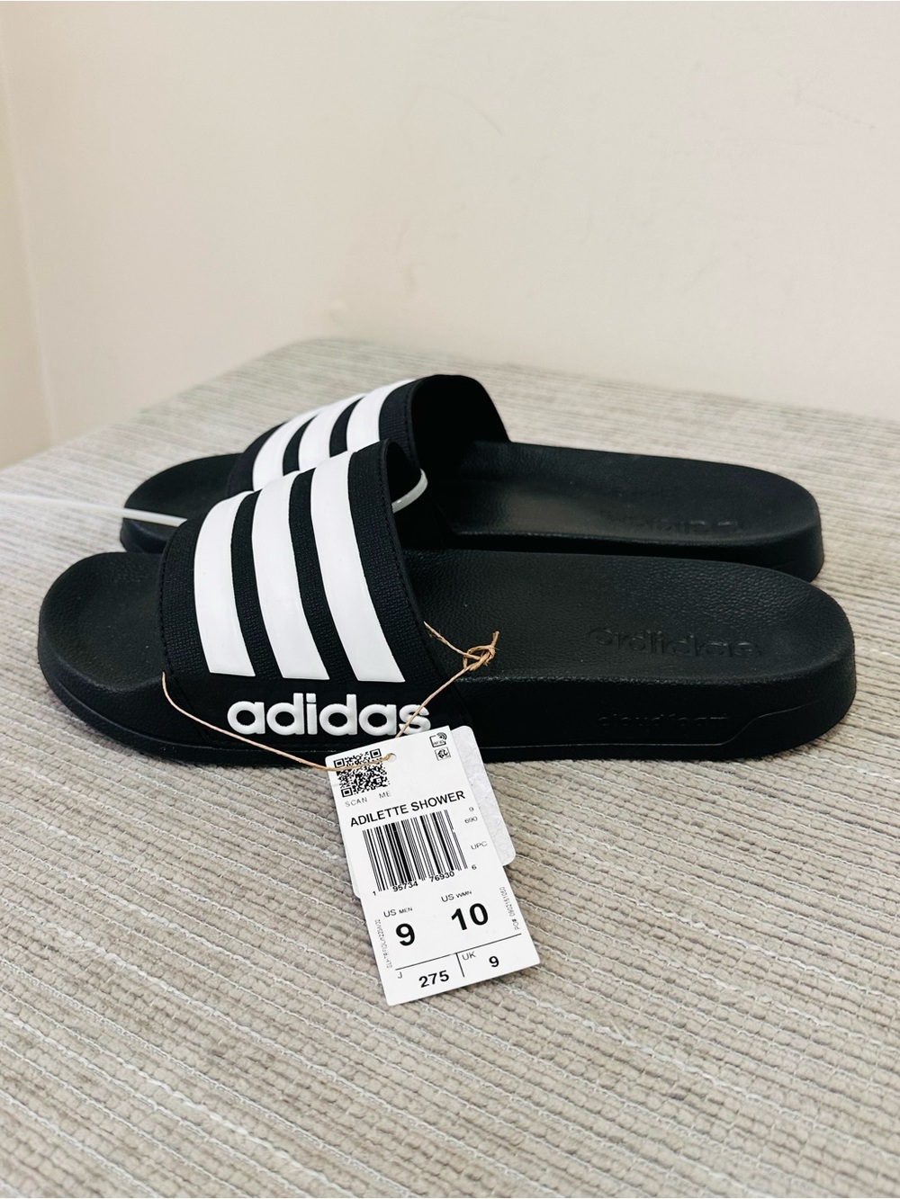 Adidas Adilette Shower Slides Mens 9 Womens 10 Black White Stripes NWT
